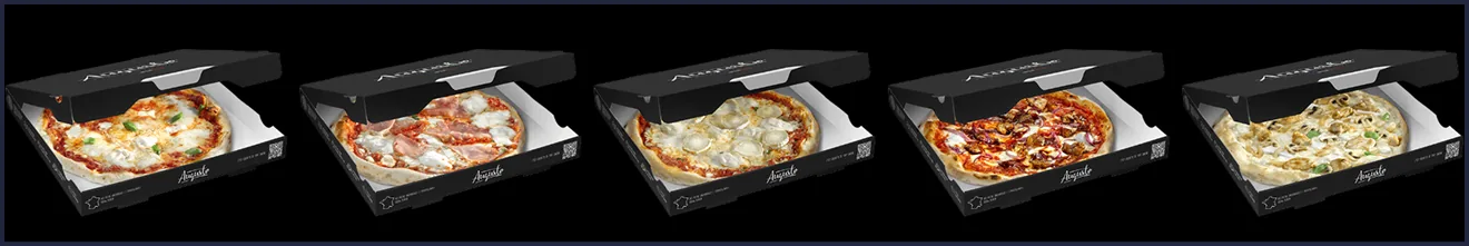 Cinq pizzas différentes dans leurs boîtes ouvertes, alignées